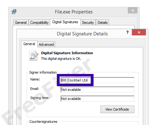 Screenshot of the Bit Cocktail Ltd. certificate